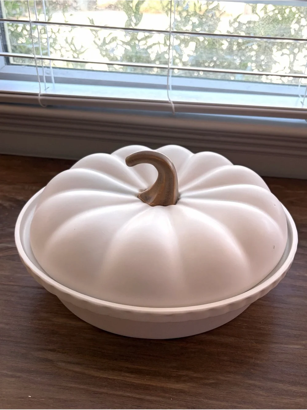 Decor Steals NIB White Pumpkin Pie Ceramic Dish Tan Stem Autumn Fall Thanksgivin